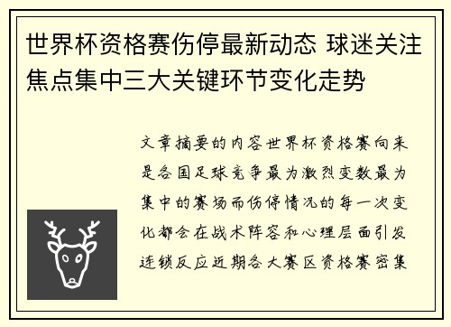 世界杯资格赛伤停最新动态 球迷关注焦点集中三大关键环节变化走势